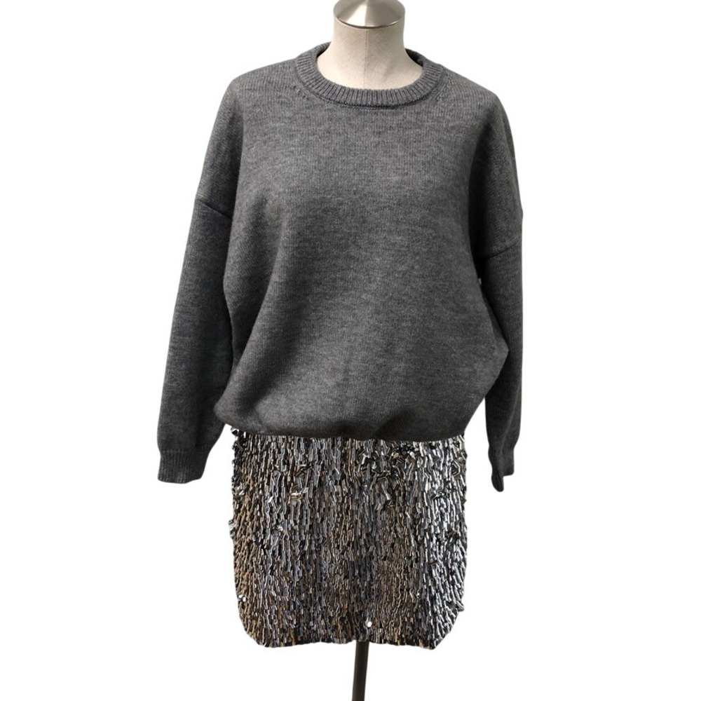 Mare Mare Sweater Dress Womens Medium Gray Sequin Mixed Media Mini Long Sleeve